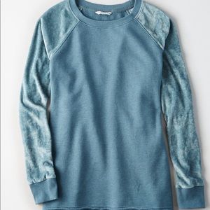 American Eagle Velour Sleeve Blue Sweatshirt